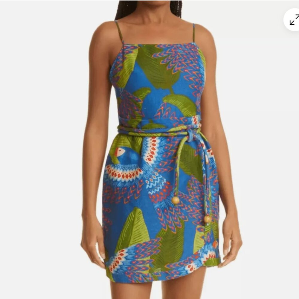 Farm Rio Blue Macaw Square Neck Sleeveless Linen Mini Dress Size M
